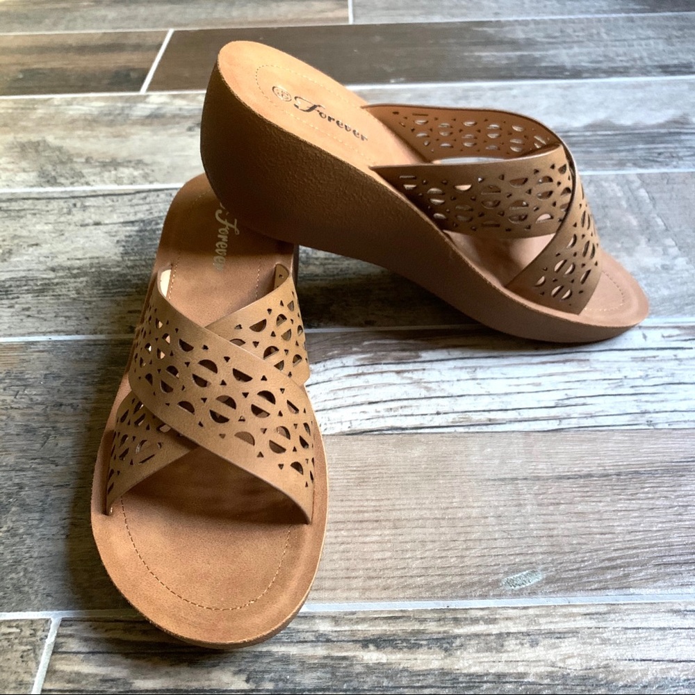 NWOT Forever Tan Criss-Cross Wedge Sandals